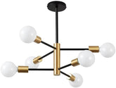 Modern chandelier with black and gold design on a white background